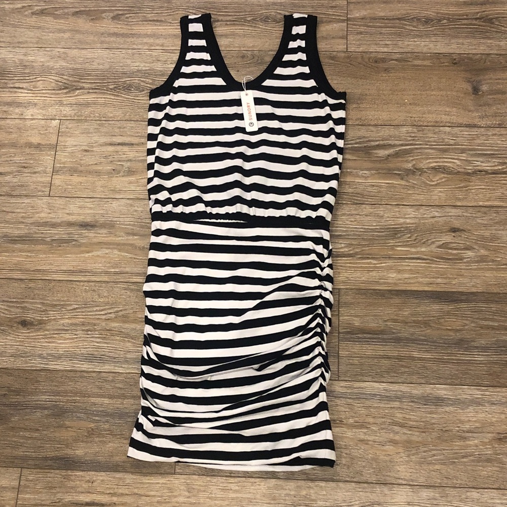 NWT Women’s Sundry Black and White Ruched Striped Dress Size M